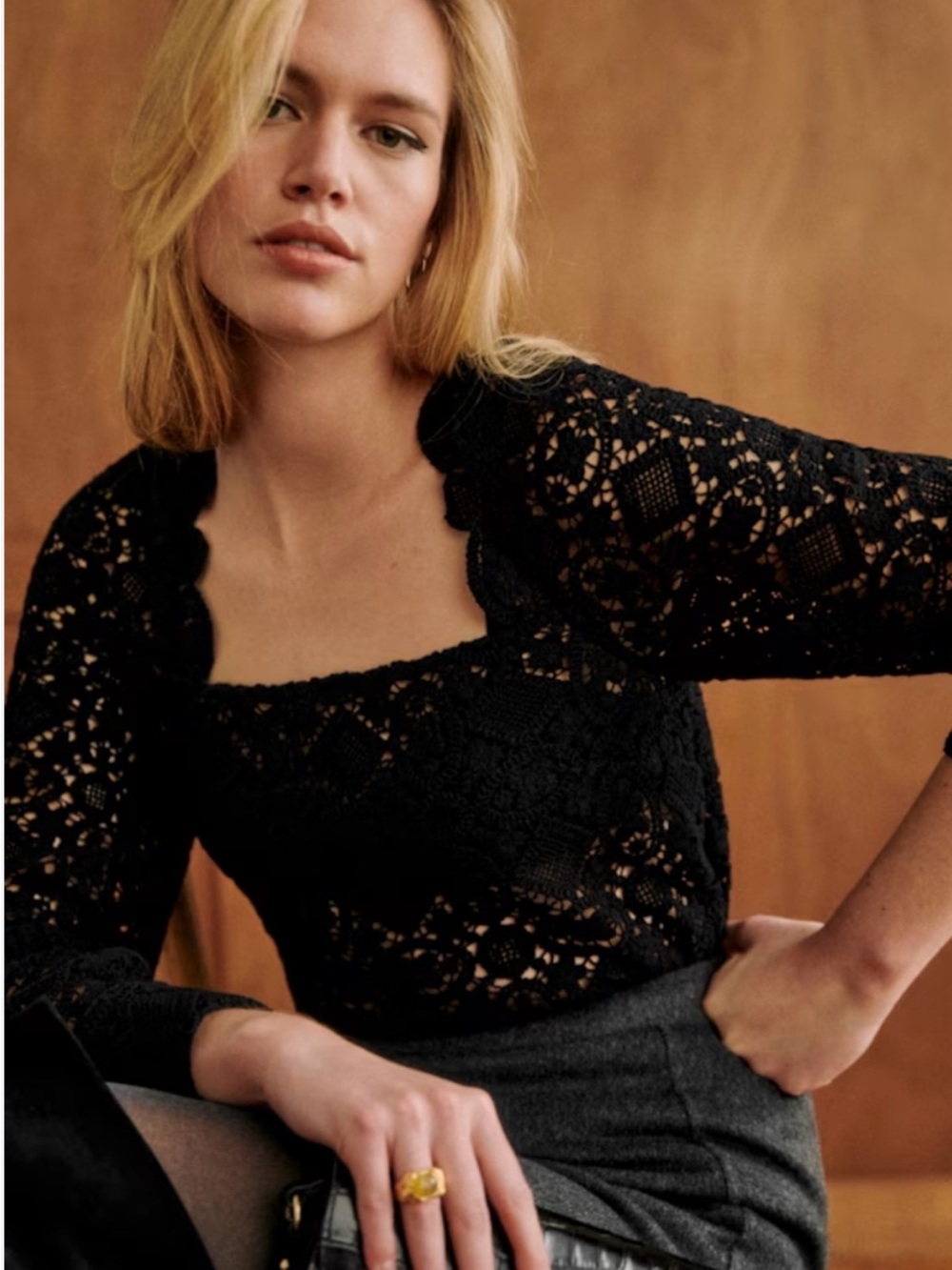 Sezane Black Crochet Lace Square-Neck Blouse